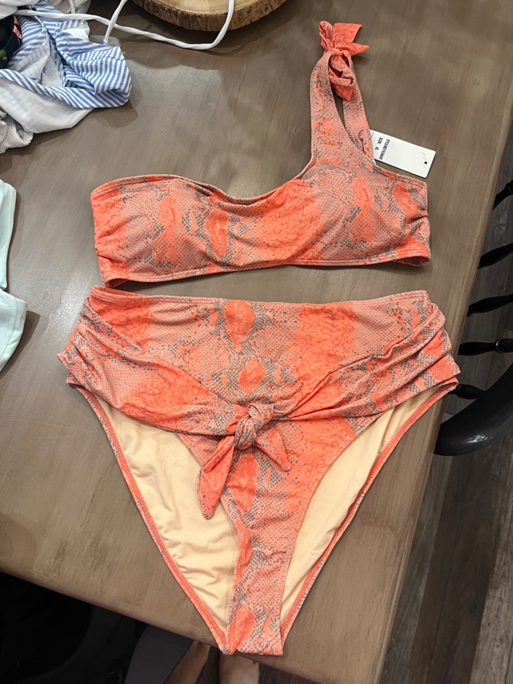 One-Shoulder High-Waist Bikini Set in Coral Snake Print
